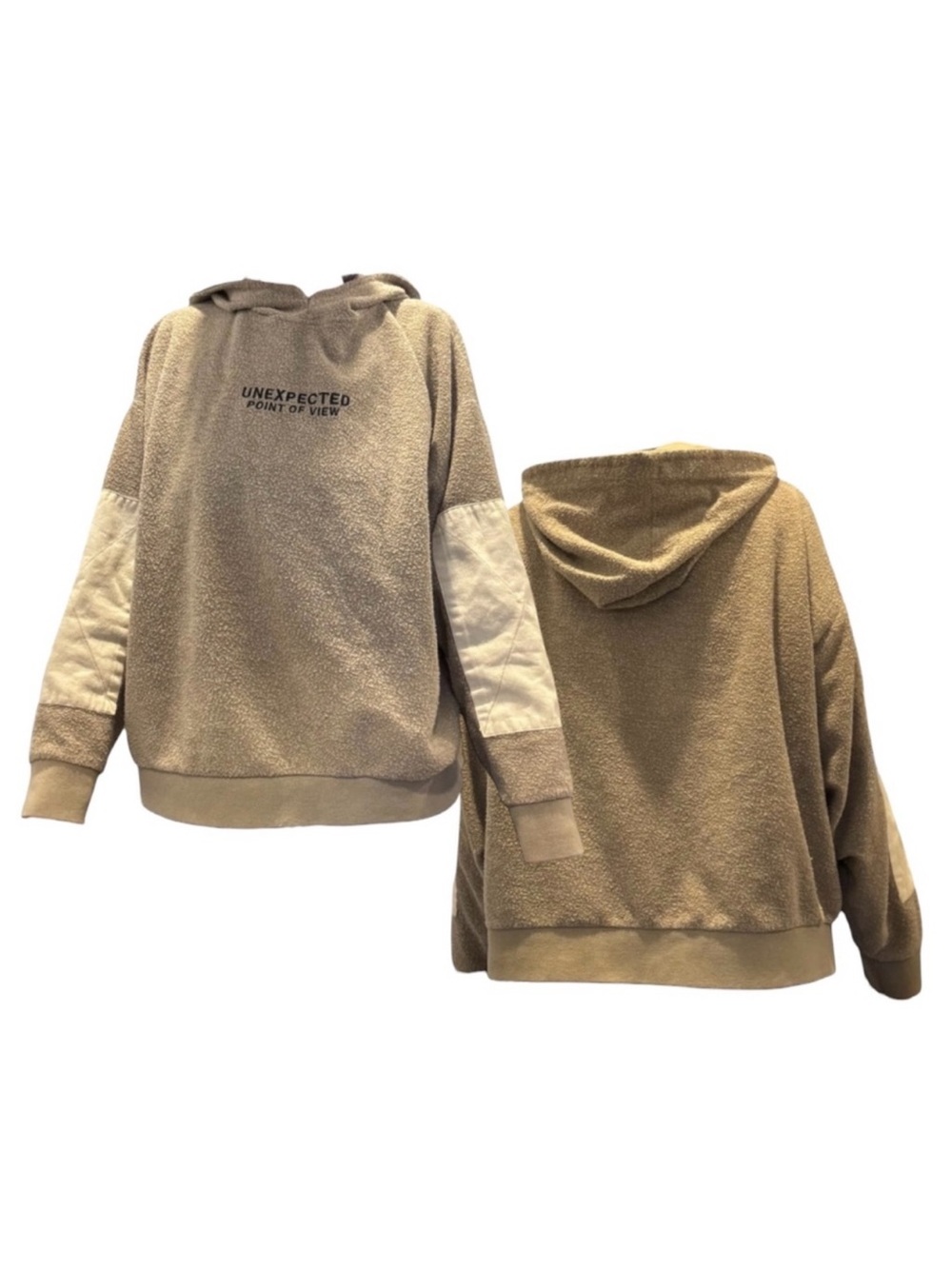 Zara Beige Sherpa Hoodie with Cream Sleeve Panels